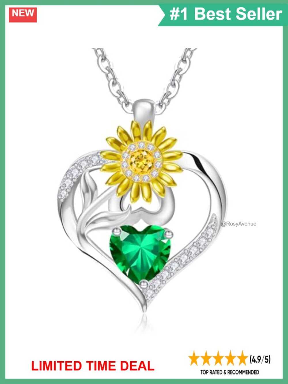 925 Sterling Silver Heart Sunflower Pendant Necklace 5A Cubic Zirconia